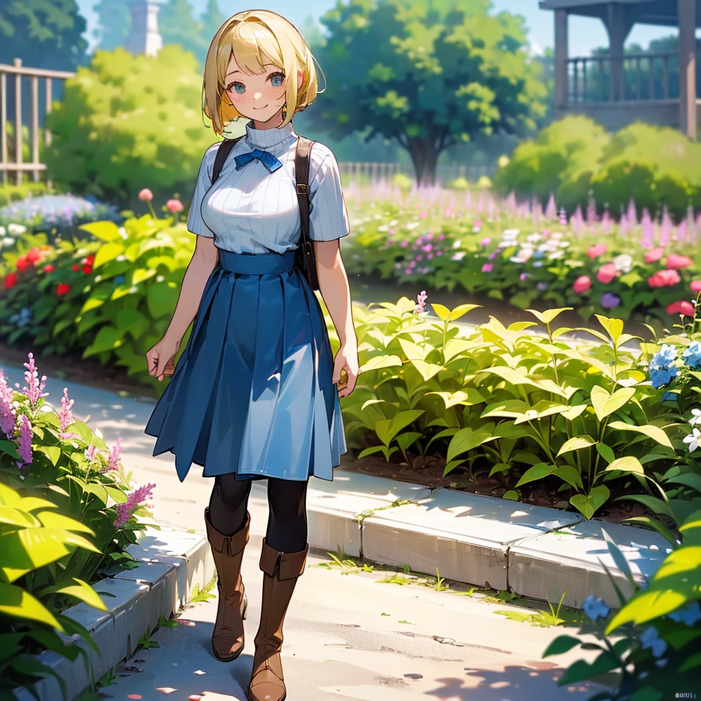 (high quality, High resolution, Very detailed, reality:1.37), Peaceful atmosphere, (Outdoor, garden), Teenage girl standing alone, (my breasts are big.), Beautiful details, Cute Smile, (Blonde Bob Hair), Short sleeve ribbed sweater, Blue Skirt, Black tights, Brown boots.