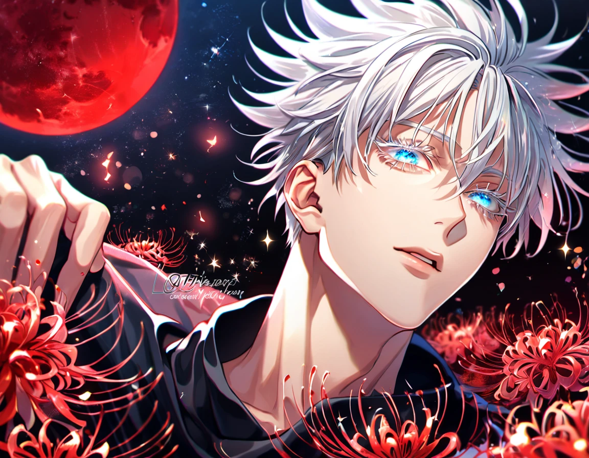 absurdres, highres, ultra detailed, HDR, master piece, best quality, extremely detailed, Gojou Satoru, white hair, expressive blue eyes, white eyelashes, Jujutsu Kaisen, solo, sexy man, handsome, sensual, black uniform, fantasy, red blood water, sparkling, red glittering fireflies, red moon, red blossoms, red spider lilies, red sparkling lights, starry sky, magical