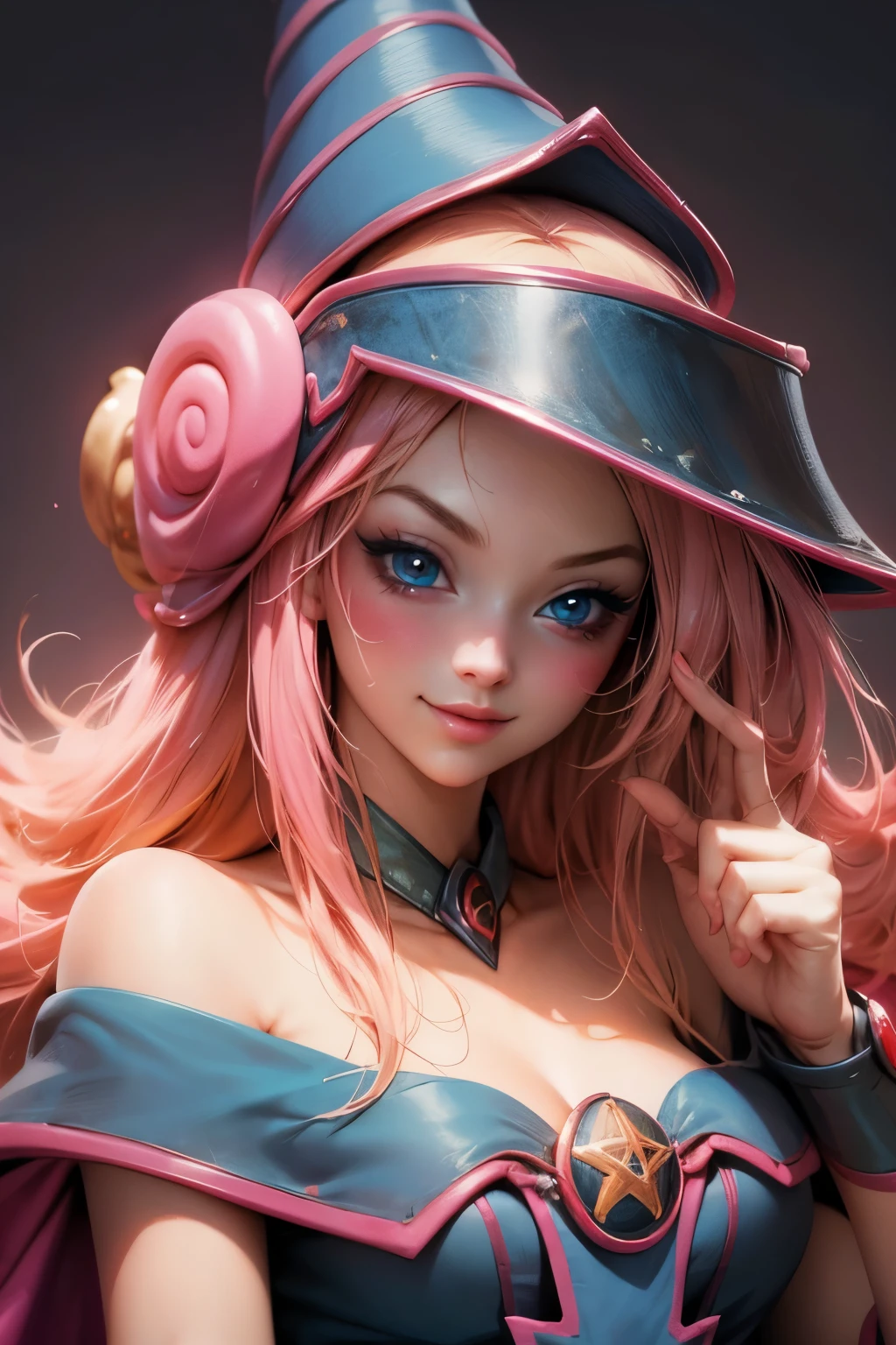 Beautiful face of dark wizard gils., blue eyes. pink lips. long blonde hair. exposed shoulders, angelic smile, beautiful well detailed face of dark wizard gils. blowing a kiss. and winking. She is flirtatious with the viewer.