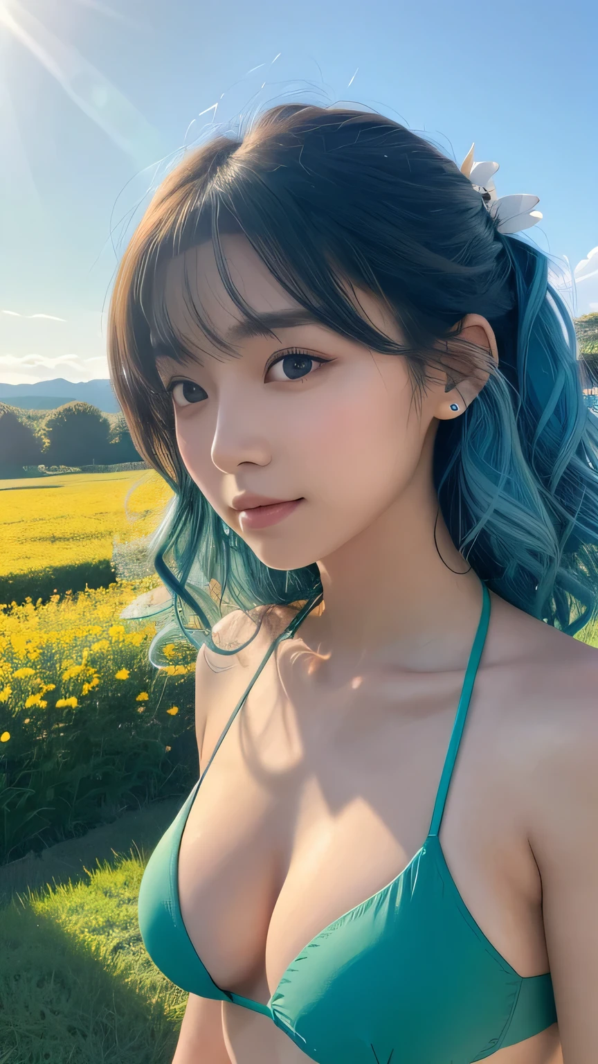 {{masterpiece}}, {{Highest quality}}, {{Very detailed}}, {{shape}}, cinematic Lighting,Beautiful and delicate shine, Dynamic Angle, Depth of the written border, Light_leak, wonderful, The finer details, 4K, 8k, Japanese Idols, Blue Hair, Elegant Model, blue sky, Flower Field, Green pastures, Calm expression, Shiny warm colors, Natural Attraction,  Blue Bikini, Curly Hair, 