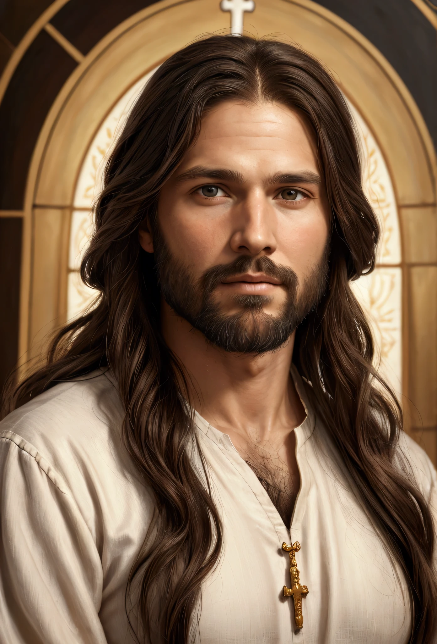 Arafed image of a man with long hair and beard, portrait of JesusChrist, JesusChrist, greg olsen, Jesus of Nazareth, painted in high resolution, the lord and savior, Jon McNaughton, 8K resolution. oil on canvas, jesus face, portrait of religious masterpiece, ultra detail. digitalpainting, dressed as JesusChrist, very beautiful portrait, heavenly background