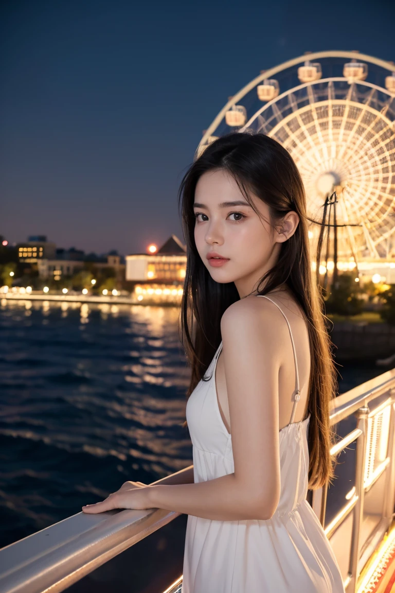 (Realistic:1.2) , 18yo girl , outfit, Looking Back , (Ferris wheel in background:1.4), night,