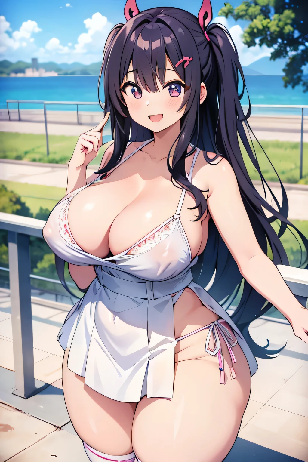 Hentai、Highest quality、A big smile、Cowboy Shot、Busty high school girls chatting happily on a footbridge、 over a metre、Thick legs、Clear eyes