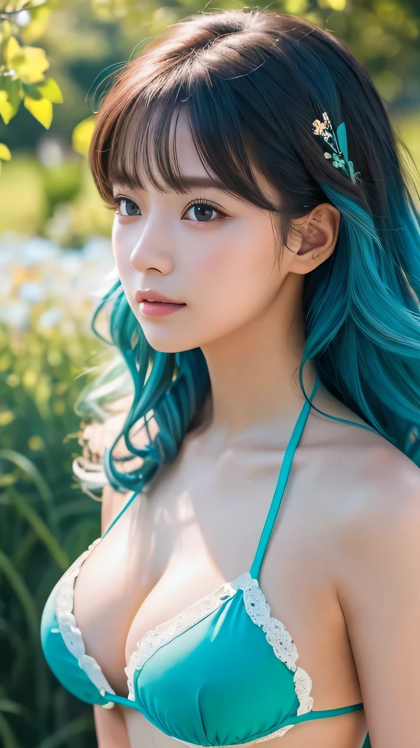{{masterpiece}}, {{Highest quality}}, {{Very detailed}}, {{shape}}, cinematic Lighting,Beautiful and delicate shine, Dynamic Angle, Depth of the written border, Light_leak, wonderful, The finer details, 4K, 8k, Japanese Idols, Blue Hair, Elegant Model, blue sky, Flower Field, Green pastures, Calm expression, Shiny warm colors, Natural Attraction, Blue Bikini, Curly Hair,