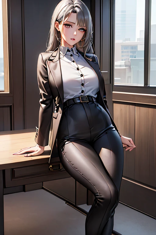 ((Highest quality)),(超High resolution),(Very detailed),(Detailed Description),((The best CG)),(masterpiece),Ultra-detailed art、(Highest quality、8k、32K、masterpiece)、(Realistic)、(Realistic:1.2)、(High resolution)、Very detailed、Very beautiful face and eyes、1 female、((Gray Hair))、Tight waist、Delicate body、(Highest quality、Attention to detail、Rich skin detail)、(Highest quality、8k、Oil paints:1.2)、Very detailed、(Realistic、Realistic:1.37)、Bright colors、"((Dark grey tight fitting jacket、The jacket features metallic buttons and subtle details on the shoulders and cuffs.、Slim and elegant design with multiple interior pockets。Below is the、She is wearing a pastel colored blouse。Knee-length, tight-fitting straight pants in a color that matches the jacket。Black low heel pumps))。(A simple and elegant metallic buckle belt、She accessorizes with modest jewelry and watches.)、((In the background is a neat and professional office environment))。"