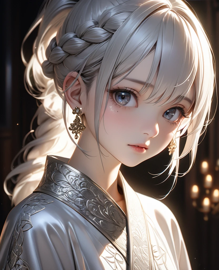 (best quality, masterpiece:1.2), ultra high res, realistic, front lighting, intricate detail, Exquisite details and textures, 1girl, solo ,(young), face highlight, upper body, detailed face, tear mole, white skin, silver hair, ponytail, braid hair, looking at viewer, big eyes, silk robe, (hollow pattern, white, silk), earrings, small breasts, slim body, luxury room, professional lighting, photon mapping, radiosity, physically-based rendering,