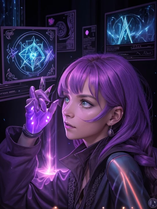 depicts a modern-day witch who has embraced the world of cybernetics to enhance her magical abilities. The artwork should convey the enchanting blend of traditional witchcraft and futuristic technology. Here are some specific elements to include: The Witch's Lair: The setting should be a cozy yet slightly eerie room, filled with magical books, crystal balls, potion ingredients, and antique furnishings. The room should be dimly lit by candles and a soft, mystical glow emanating from her cybernetic enhancements. The Cyborg Witch: The central focus of the artwork is the witch herself. She's a striking figure with a mix of traditional witch attire and cybernetic enhancements. Her clothing should have a witchy, occult aesthetic, with flowing robes, a pointed hat, and an intricate pentagram necklace. Her arms, however, have been upgraded with cybernetic components that incorporate magical symbols and glowing runes. Magical Interface: The witch is in the midst of casting a spell, with a holographic, touch-screen interface floating before her. This interface includes spell incantations, arcane symbols, and digital components, demonstrating her fusion of magic and technology. Spell Ingredients: On a nearby table, there should be a collection of spell ingredients, like herbs, potions, and magical artifacts. Some of these items may have been modified with cybernetic enhancements, blurring the line between the natural and the technological. Familiar: The witch's familiar, perhaps a cat or raven, should be present in the scene, serving as her magical companion. The familiar could also have subtle cybernetic enhancements or glowing eyes. Glowing Runes: The room should be adorned with ancient symbols and glowing runes on the walls and floor, contributing to the magical atmosphere. Aetherial Lighting: Use a combination of mystical, ethereal lighting and cybernetic glows to create a captivating interplay of light and shadow. The contrast between the tradit