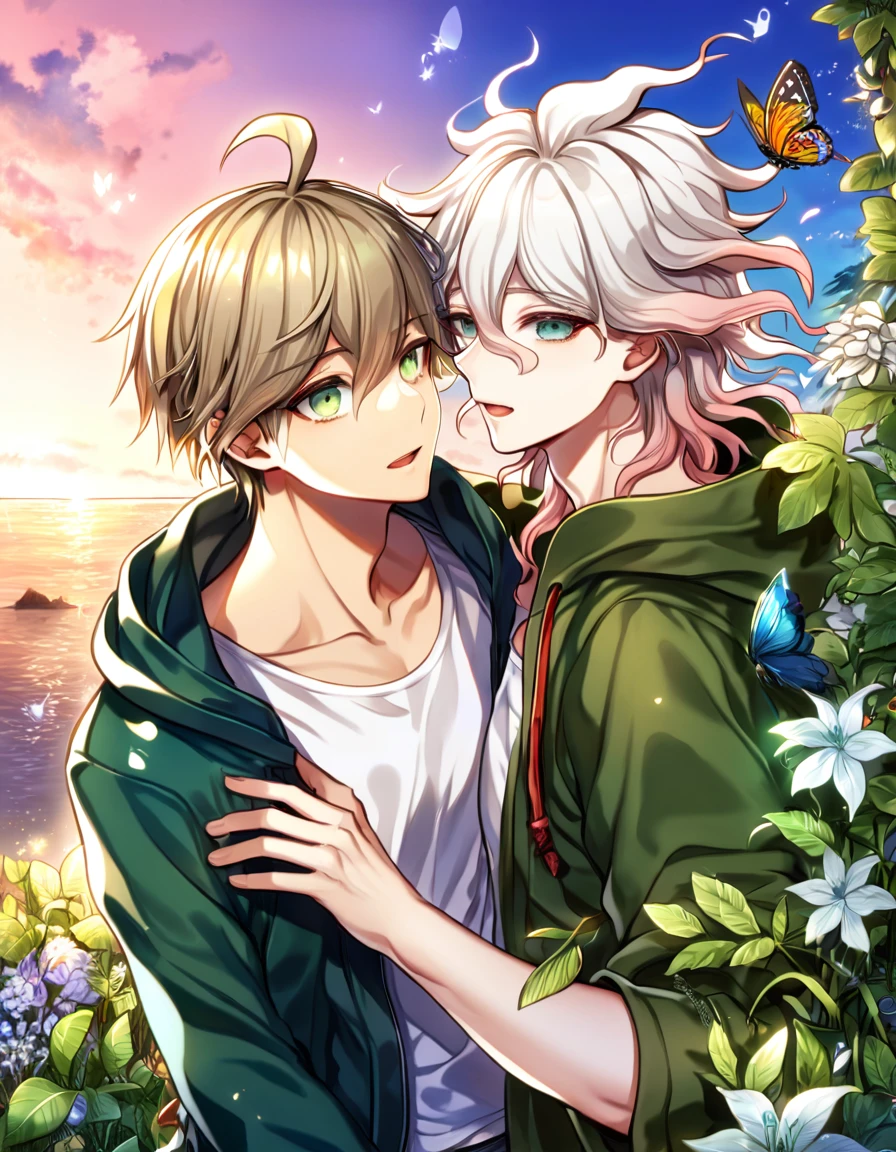 Ultra detailed, HDR, Highres, absurdres, master piece, Aiden, ash blonde hair, expressive green eyes, Komaeda Nagito, white hair, expressive green-gray eyes, green coat with hoodie, white shirt, Danganronpa 2, flowers, butterflies, fantasy, magical, green leaves, summer, handsome, two sexy man together, gay couple, yaoi, love, sensual, island