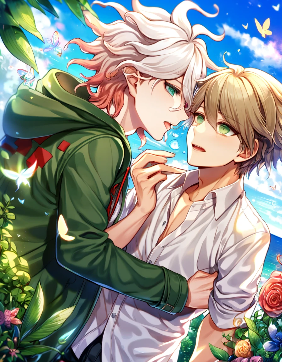 Ultra detailed, HDR, Highres, absurdres, master piece, Aiden, ash blonde hair, expressive green eyes, Komaeda Nagito, white hair, expressive green-gray eyes, green coat with hoodie, white shirt, Danganronpa 2, flowers, butterflies, fantasy, magical, green leaves, summer, handsome, two sexy man together, gay couple, yaoi, love, sensual, island