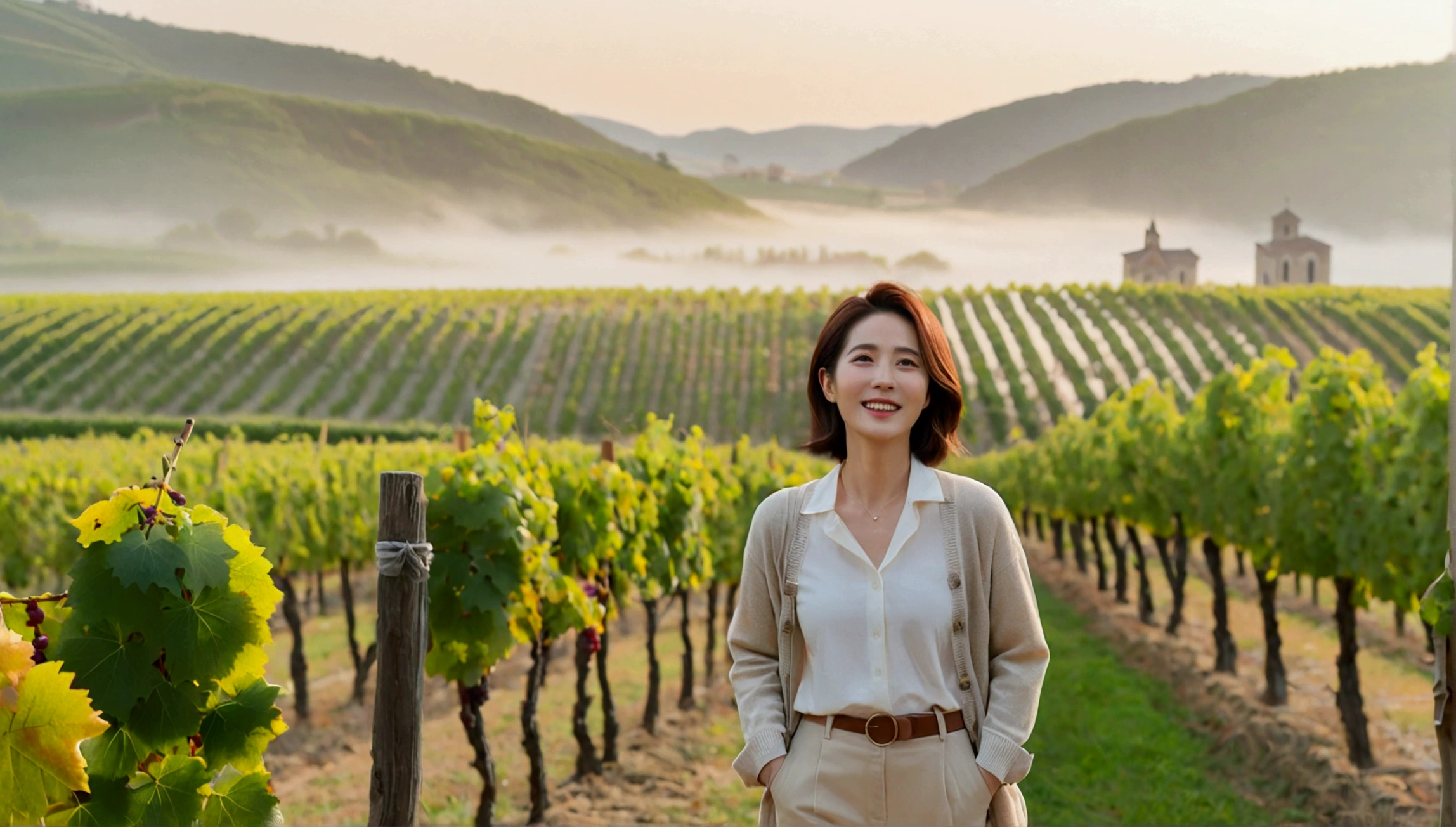 best quality, In 8K, 32K, Photo of a beautiful 36-year-old Korean woman, short medium hair, Inspired by Son Ye-jin, whole body, face focus, Shirt that goes up to the neck and a short cardigan from a luxury brand, beige casual pants, Italian countryside vineyard background, Ranged、make a happy face, 새벽 진한 한개속 The cathedral is visible in the distance, There is thick fog, path, looking up the side, Wear a shirt that covers your chest, The cathedral is visible in the distance, Photo of endless vineyard scenery, look up the side. thick dawn fog, Well-groomed hair, Photo of an elegant and modest woman, Endless vineyards, Vivid picture quality, Clear picture quality, The cathedral is visible in the distance. 언덕 위 path, 1 woman, colonnade가 있는 휘어진 path 언덕에서 바라본다. colonnade, The waist area is visible. 휘어진 path에 서있다, The cathedral is visible in the distance. colonnade가 있는 어덕길에 서있다.