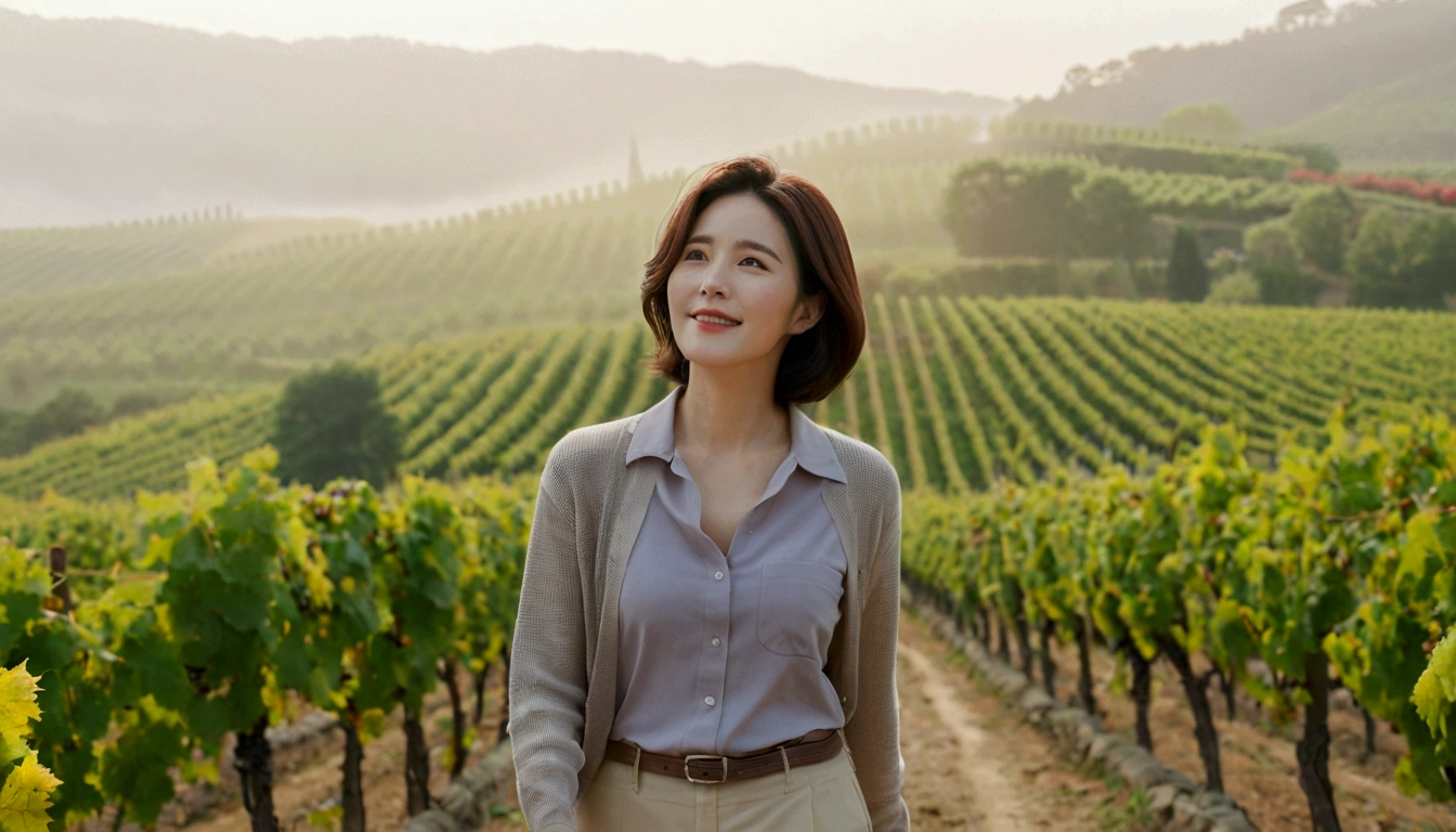 best quality, In 8K, 32K, Photo of a beautiful 36-year-old Korean woman, short medium hair, Inspired by Son Ye-jin, whole body, face focus, Shirt that goes up to the neck and a short cardigan from a luxury brand, beige casual pants, Italian countryside vineyard background, Ranged、make a happy face, 새벽 진한 한개속 The cathedral is visible in the distance, There is thick fog, path, looking up the side, Wear a shirt that covers your chest, The cathedral is visible in the distance, Photo of endless vineyard scenery, look up the side. thick dawn fog, Well-groomed hair, Photo of an elegant and modest woman, Endless vineyards, Vivid picture quality, Clear picture quality, The cathedral is visible in the distance. 언덕 위 path, 1 woman, colonnade가 있는 휘어진 path 언덕에서 바라본다. colonnade, The waist area is visible. 휘어진 path에 서있다, The cathedral is visible in the distance. colonnade가 있는 어덕길에 서있다.