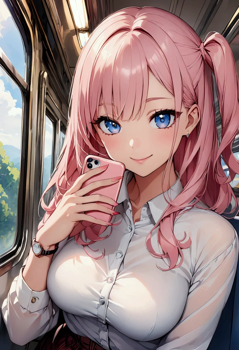 (high resolution,high quality)anime、Beauty、cute、Stylish、Pink Hair、One Side Up、sexy、Stylish casual clothes、Watch Hot Pants Viewers、smile、on the train、smartphone