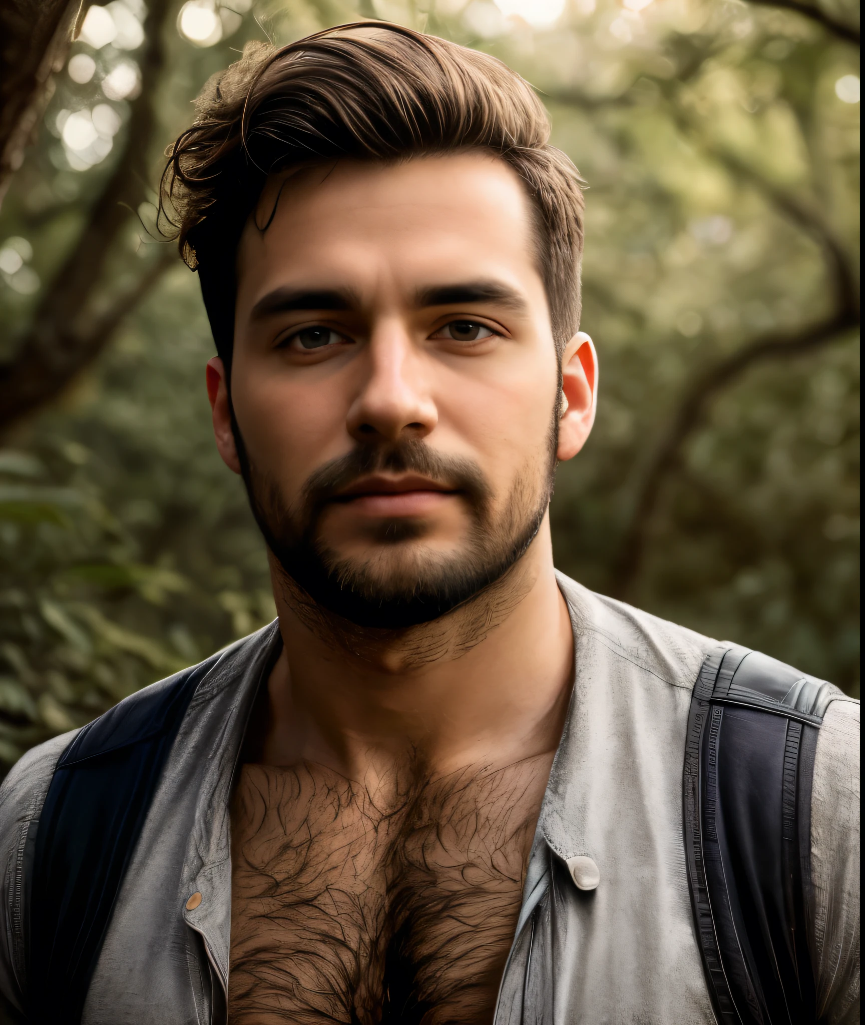 work of art, best qualityer, high resolution, retrato em close, male focus, focus only, one men, 30 years old, with Hunter clothes, Hunter green clothes, Hunter, unbuttoned undone Hunter clothes, silver gray hair, messy hairstyle, beautiful and seductive face, bare chested, body hair, facial hair, roman nose, Scruffy, hairy abdomen, body skinny, furry legs, Dimples, barba, bold chin , in the background a natural hunting area, view from the bottom, amazing composition, from front view, HDR, ultra quality, chic, highy detailed