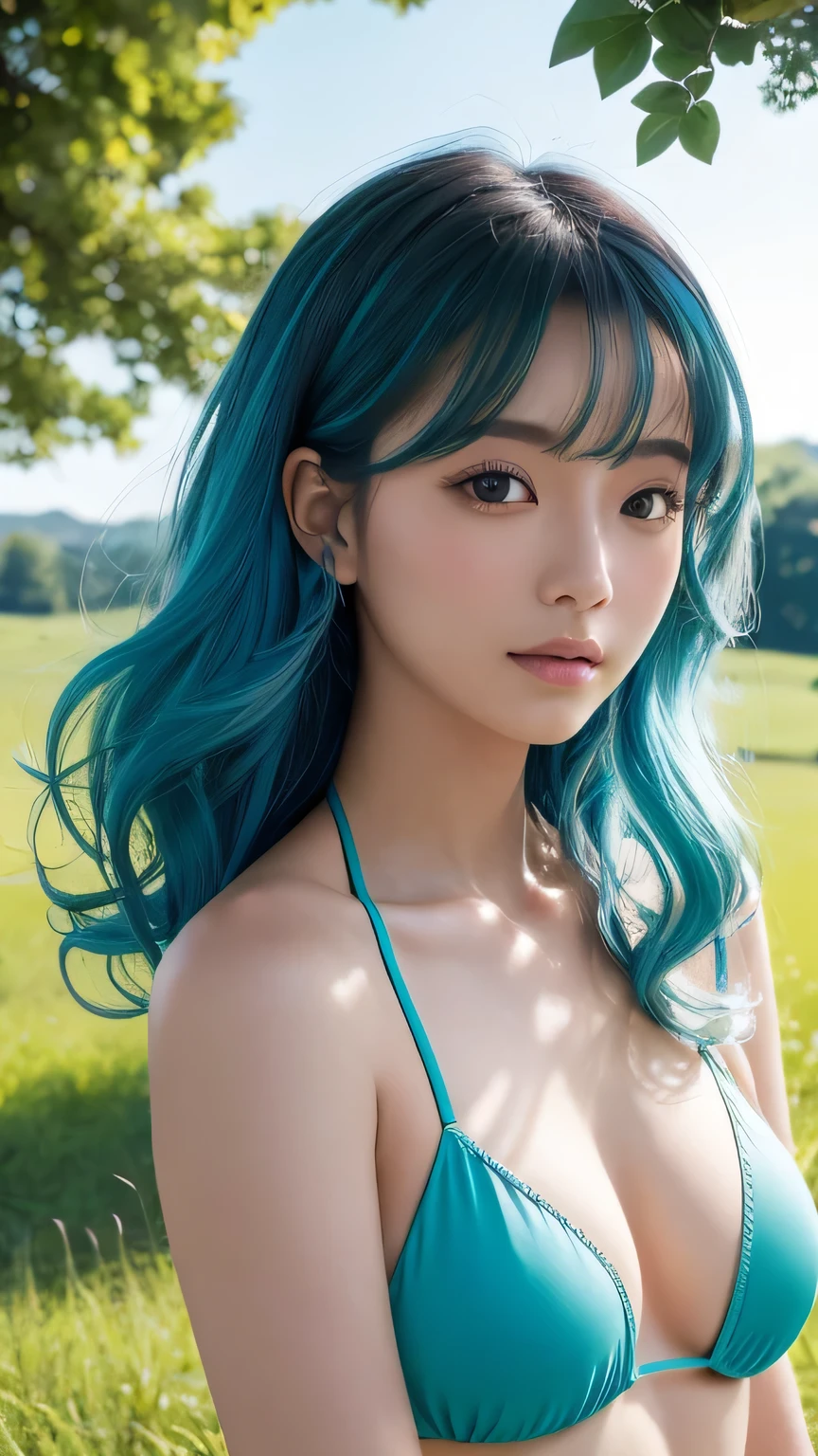 {{masterpiece}}, {{Highest quality}}, {{Very detailed}}, {{shape}}, cinematic Lighting,Beautiful and delicate shine, Dynamic Angle, Depth of the written border, Light_leak, wonderful, The finer details, 4K, 8k, Japanese Idols, Blue Hair, Elegant Model, blue sky, Flower Field, Green pastures, Calm expression, Shiny warm colors, Natural Attraction, Blue Bikini, Curly Hair,