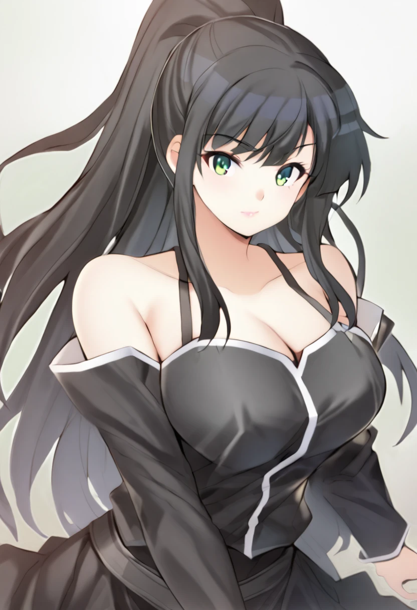 High detailed, kimtag, 1 girl, solo, agano, black hair,high ponytail, green eyes, busty, large plump breasts, Genetics's uniform, Juliet sleeves, skirt, Green Genetics's uniform, chunky body