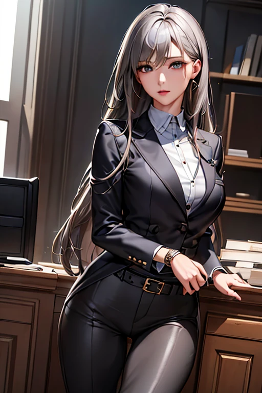 ((Highest quality)),(超High resolution),(Very detailed),(Detailed Description),((The best CG)),(masterpiece),Ultra-detailed art、(Highest quality、8k、32K、masterpiece)、(Realistic)、(Realistic:1.2)、(High resolution)、Very detailed、Very beautiful face and eyes、1 female、((Gray Hair))、Tight waist、Delicate body、(Highest quality、Attention to detail、Rich skin detail)、(Highest quality、8k、Oil paints:1.2)、Very detailed、(Realistic、Realistic:1.37)、Bright colors、((Navy tight fitting jacket、The jacket features metallic buttons and subtle details on the shoulders and cuffs.、Slim and elegant design。Below is the、Wearing a white blouse。A knee-length A-line skirt in a color that matches the jacket、Black low heel pumps))。(A simple and elegant metallic buckle belt、She accessorizes with modest jewelry and watches.)。((In the background is a neat and professional office environment:1.3))。