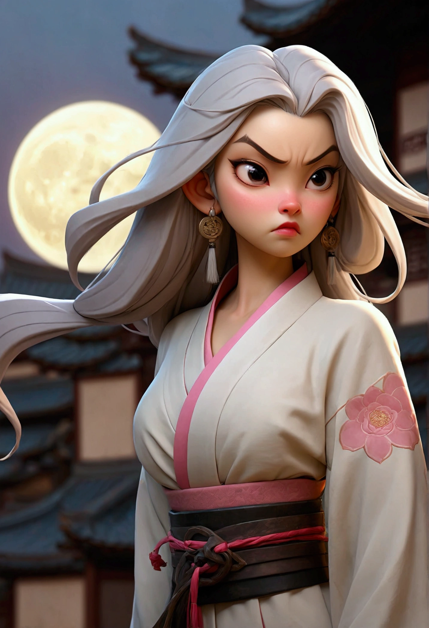 masterpiece, better, evening, full moon, 1 female, mature woman, Chinese style, Ancient China, older sister, Royal Sister, cold face, expressionless, Silver white long hair woman, light pink lips, calm, intellectual, hitomi gris, killer, long sword, swordsman, struggle, street view, Facial details, naked, pink nipples, pierced nipples
