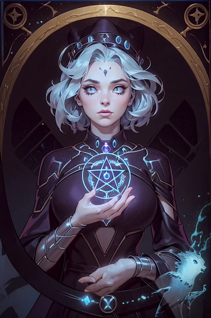 depicts a modern-day witch who has embraced the world of cybernetics to enhance her magical abilities. The artwork should convey the enchanting blend of traditional witchcraft and futuristic technology. Here are some specific elements to include: The Witch's Lair: The setting should be a cozy yet slightly eerie room, filled with magical books, crystal balls, potion ingredients, and antique furnishings. The room should be dimly lit by candles and a soft, mystical glow emanating from her cybernetic enhancements. The Cyborg Witch: The central focus of the artwork is the witch herself. She's a striking figure with a mix of traditional witch attire and cybernetic enhancements. Her clothing should have a witchy, occult aesthetic, with flowing robes, a pointed hat, and an intricate pentagram necklace. Her arms, however, have been upgraded with cybernetic components that incorporate magical symbols and glowing runes. Magical Interface: The witch is in the midst of casting a spell, with a holographic, touch-screen interface floating before her. This interface includes spell incantations, arcane symbols, and digital components, demonstrating her fusion of magic and technology. Spell Ingredients: On a nearby table, there should be a collection of spell ingredients, like herbs, potions, and magical artifacts. Some of these items may have been modified with cybernetic enhancements, blurring the line between the natural and the technological. Familiar: The witch's familiar, perhaps a cat or raven, should be present in the scene, serving as her magical companion. The familiar could also have subtle cybernetic enhancements or glowing eyes. Glowing Runes: The room should be adorned with ancient symbols and glowing runes on the walls and floor, contributing to the magical atmosphere. Aetherial Lighting: Use a combination of mystical, ethereal lighting and cybernetic glows to create a captivating interplay of light and shadow. The contrast between the tradit
