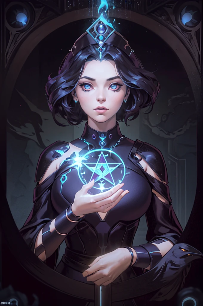 depicts a modern-day witch who has embraced the world of cybernetics to enhance her magical abilities. The artwork should convey the enchanting blend of traditional witchcraft and futuristic technology. Here are some specific elements to include: The Witch's Lair: The setting should be a cozy yet slightly eerie room, filled with magical books, crystal balls, potion ingredients, and antique furnishings. The room should be dimly lit by candles and a soft, mystical glow emanating from her cybernetic enhancements. The Cyborg Witch: The central focus of the artwork is the witch herself. She's a striking figure with a mix of traditional witch attire and cybernetic enhancements. Her clothing should have a witchy, occult aesthetic, with flowing robes, a pointed hat, and an intricate pentagram necklace. Her arms, however, have been upgraded with cybernetic components that incorporate magical symbols and glowing runes. Magical Interface: The witch is in the midst of casting a spell, with a holographic, touch-screen interface floating before her. This interface includes spell incantations, arcane symbols, and digital components, demonstrating her fusion of magic and technology. Spell Ingredients: On a nearby table, there should be a collection of spell ingredients, like herbs, potions, and magical artifacts. Some of these items may have been modified with cybernetic enhancements, blurring the line between the natural and the technological. Familiar: The witch's familiar, perhaps a cat or raven, should be present in the scene, serving as her magical companion. The familiar could also have subtle cybernetic enhancements or glowing eyes. Glowing Runes: The room should be adorned with ancient symbols and glowing runes on the walls and floor, contributing to the magical atmosphere. Aetherial Lighting: Use a combination of mystical, ethereal lighting and cybernetic glows to create a captivating interplay of light and shadow. The contrast between the tradit