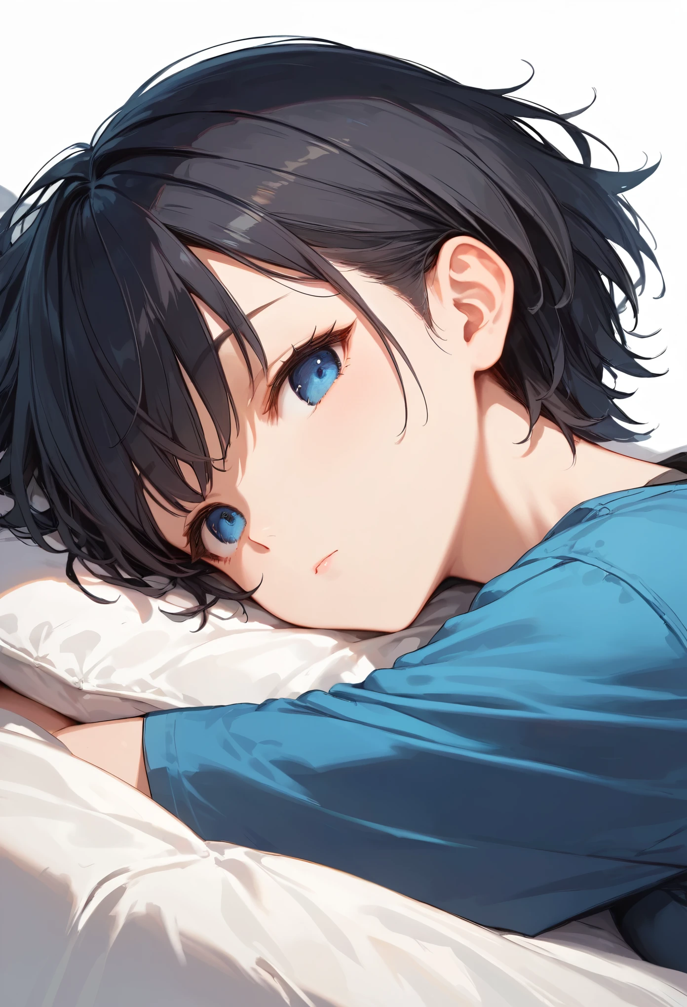 Portrait d'un jeune garçon mignon au cheveux mi-longs noir et au yeux bleus en tenue pour fille avec une jupe et un petit haut blanc dans sa chambre assis sur son lit