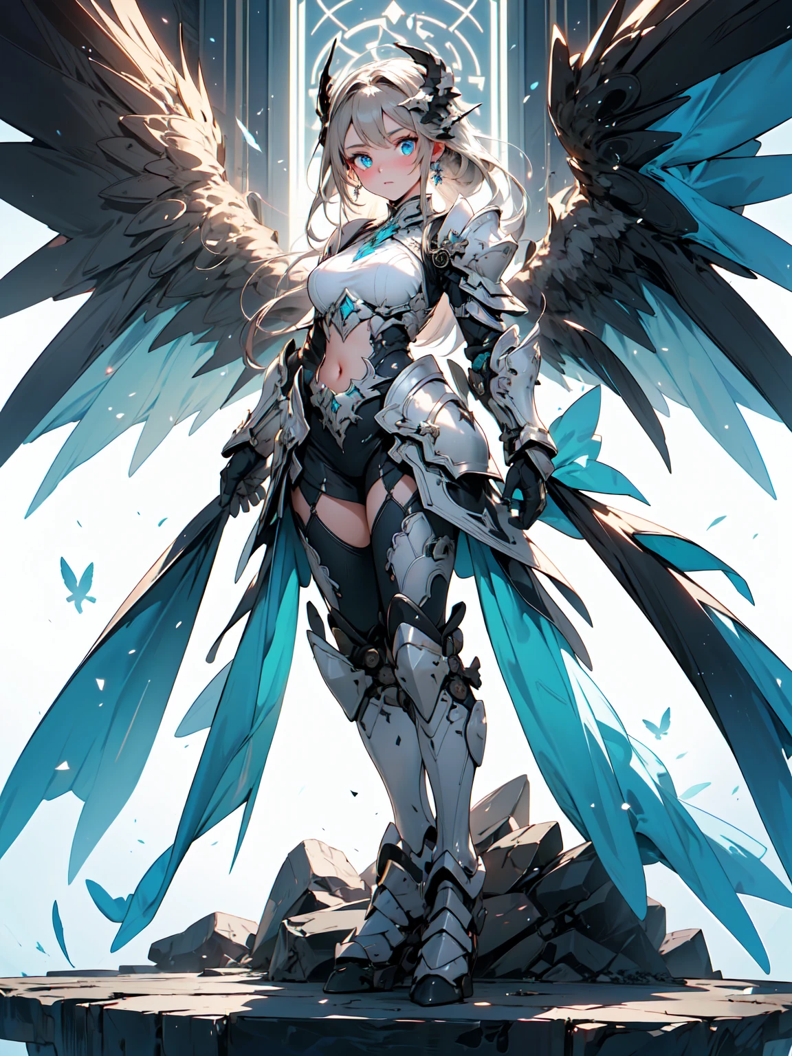 (((masterpiece))) (((highest quality))) (((16k resolution))) Queen in power armor, (gothic style), (full body shot 1.2), bellybutton, The most beautiful and sexy angel goddess, with long light brown hair, and glowing blue eyes, wearing intricate white gothic battle armor, angel wings, standing majestically in front of a gothic castle. ((perfect illumination)), a radiant glowing aura surrounds her, highlighting her divine presence and ethereal beauty, as she stands ready to defend her realm. The intricate details of her armor shimmer under the moonlight, and her angelic wings spread wide, casting an awe-inspiring shadow. Her glowing blue eyes exude both kindness and immense power, making her the epitome of grace and strength.