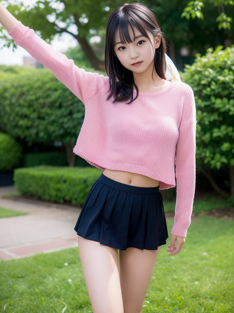 (masterpiece, Highest quality:1.4), Award-winning portraits, 8k, 85mm, alone, Beautiful Face, Delicate girl,  (On the grass), Sophisticated, cute, 15 years old, RAW Photos, Confused, High resolution, Sharp focus, Background Blur、(((flat  、thin and delicate body、Childish atmosphere)))、Glossy short bob、Mole on the left cheek、 Dark blue eyes、the skirt is swaying in the wind、Hair swaying in the wind、sexy、flexible legs、naked、Angle shot from the ground