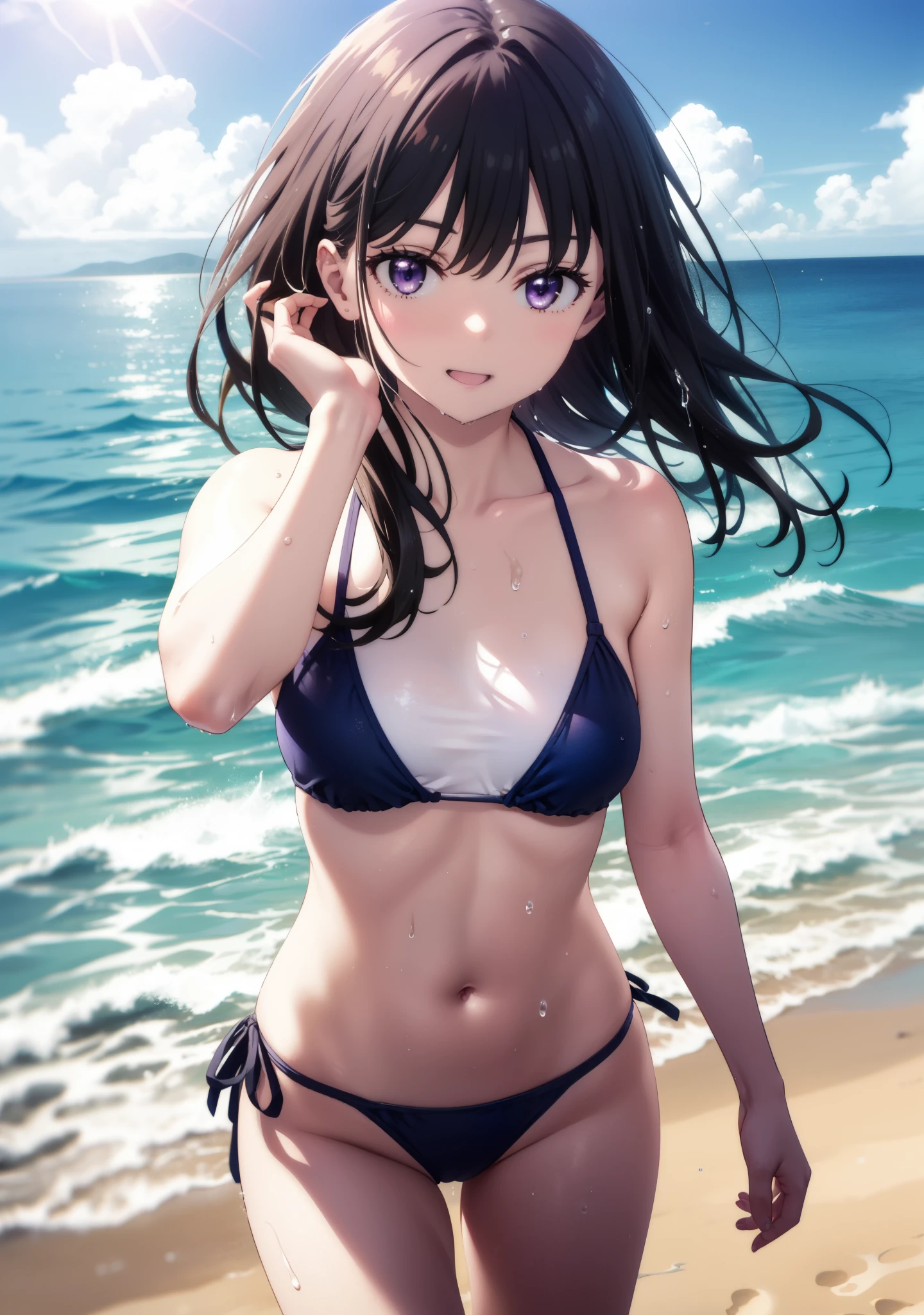 Takiuchikami, Check it out, Long Hair, bangs, Black Hair, (Purple eyes:1.2),Light blue bikini string swimsuit,barefoot,Water Play,Wet Hair,Wet Skin,Wet swimsuit,smile,Open your mouth,True Summer,whole bodyがイラストに入るように,
break outdoors,Ocean,Sandy Beach,Beach,
break looking at viewer, whole body,(Cowboy Shot:1.5),
break (masterpiece:1.2), Highest quality, High resolution, unity 8k wallpaper, (figure:0.8), (Beautiful attention to detail:1.6), Highly detailed face, Perfect lighting, Highly detailed CG, (Perfect hands, Perfect Anatomy),