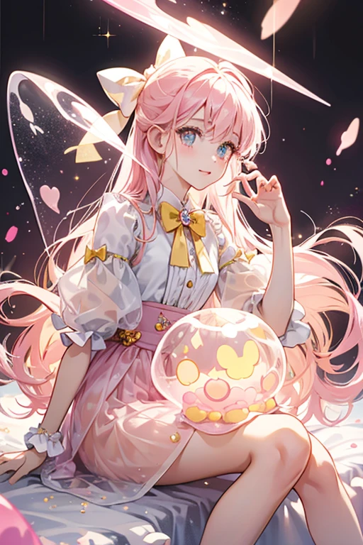 A translucent pink jelly bean with slanted eyes and a black button nose. On the side of her head rests a translucent pale yellow bow. SPARKLE; GLITTER