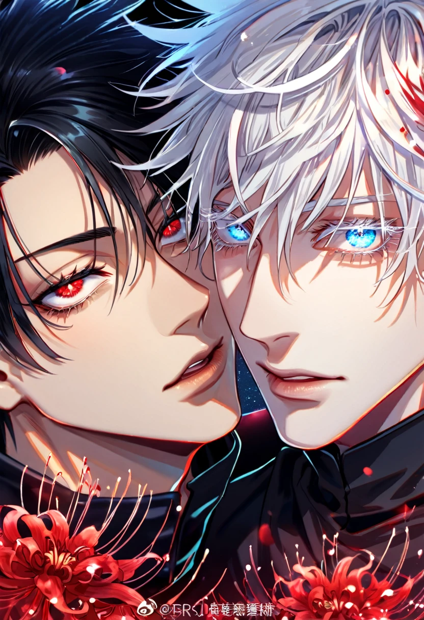 absurdres, highres, ultra detailed, HDR, master piece, best quality, extremely detailed, Gojou Satoru, white hair, expressive blue eyes, white eyelashes, Jujutsu Kaisen, Kaerius, black hair, expressive red eyes, two sexy men together, gay couple, yaoi, handsome, sensual, black uniform, fantasy, red blood water, sparkling, red glittering fireflies, red moon, red blossoms, red spider lilies, red sparkling lights, starry sky, magical