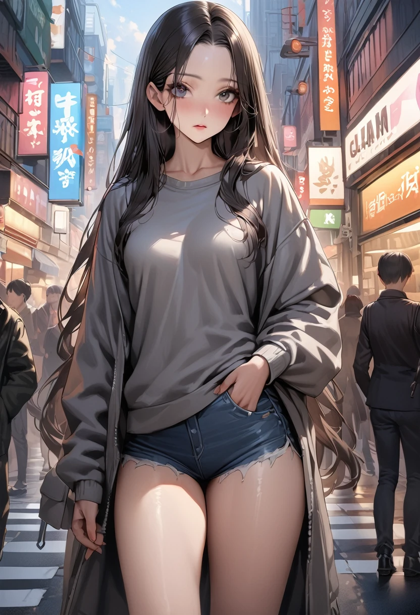 ((masterpiece,Highest quality:1.3,best quality illustration)),realistic,cowboy shot,独奏,1woman,(25 year old beauty),((very small head:1.3)),black hair,long hair,forehead,center parted bangs,black eyes,gorgeous big eyes,((very long body,skinny)),medium breasts,gleaming skin,slender body,skinny,(oversized gray sweatshirt)、Denim Microshorts、standing,on street,Shinjuku、Tokyo、