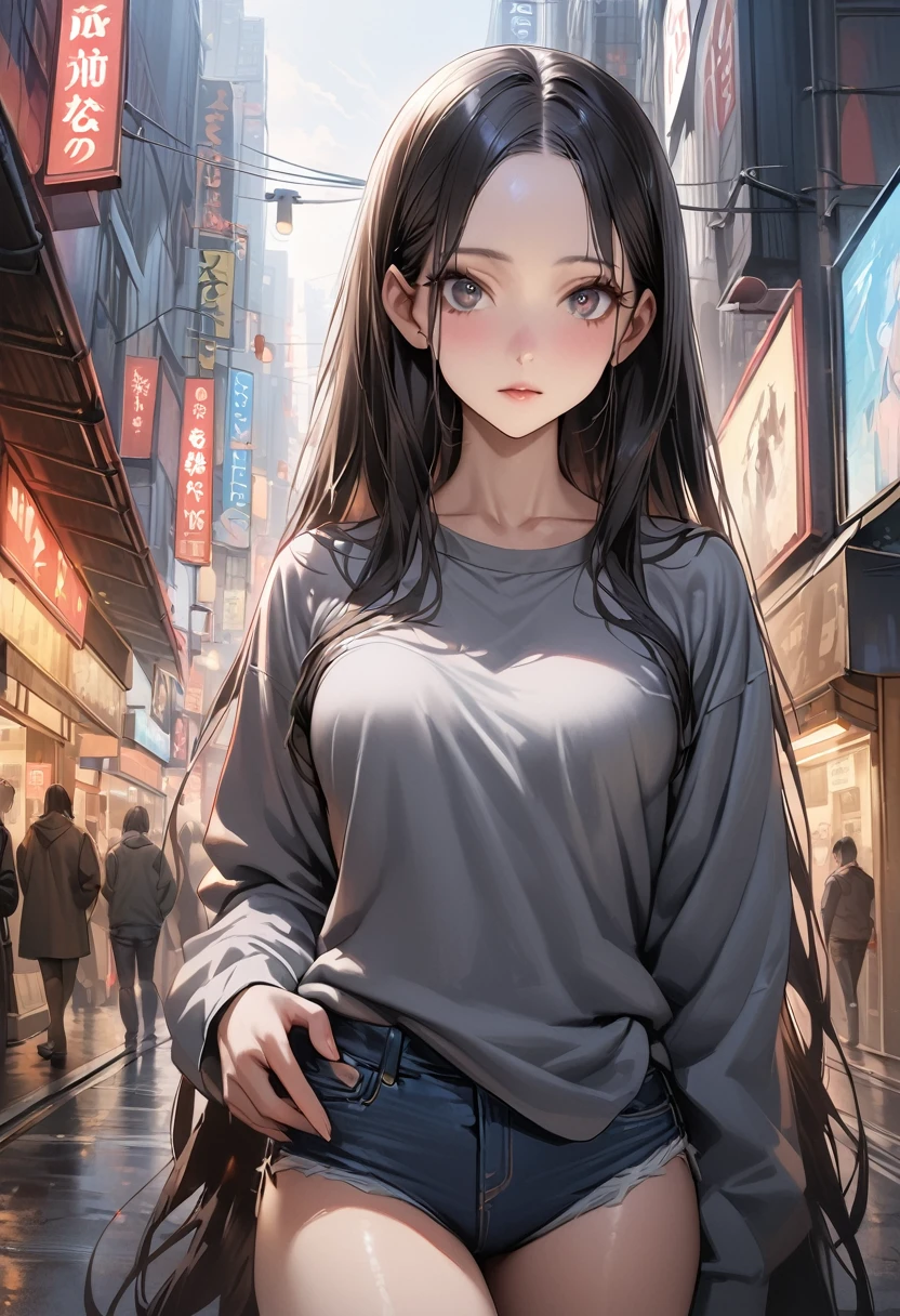 ((masterpiece,Highest quality:1.3,best quality illustration)),realistic,cowboy shot,独奏,1woman,(25 year old beauty),((very small head:1.3)),black hair,long hair,forehead,center parted bangs,black eyes,gorgeous big eyes,((very long body,skinny)),medium breasts,gleaming skin,slender body,skinny,(oversized gray sweatshirt)、Denim Microshorts、standing,on street,Shinjuku、Tokyo、