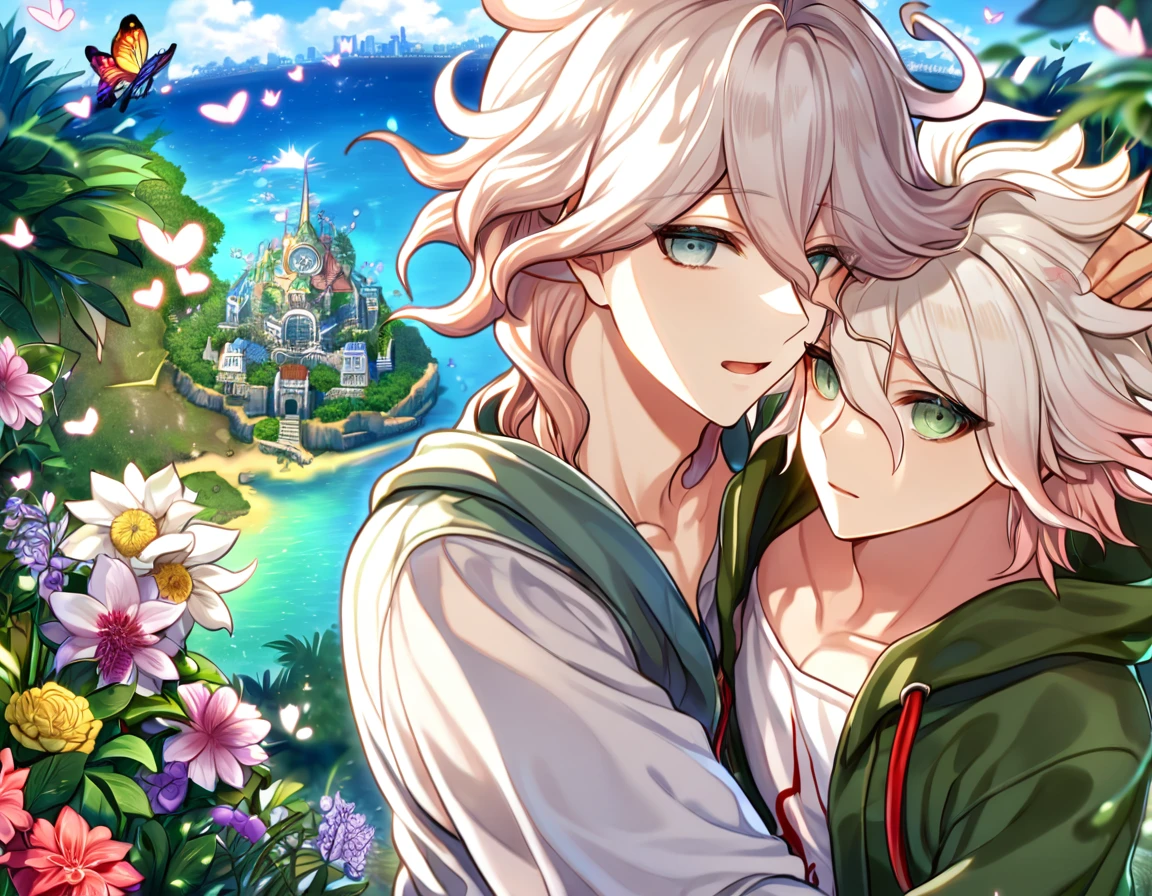 Ultra detailed, HDR, Highres, absurdres, master piece, Aiden, ash blonde hair, expressive green eyes, Komaeda Nagito, white hair, expressive green-gray eyes, green coat with hoodie, white shirt, Danganronpa 2, flowers, butterflies, fantasy, magical, green leaves, summer, handsome, two sexy man together, gay couple, yaoi, love, sensual, island