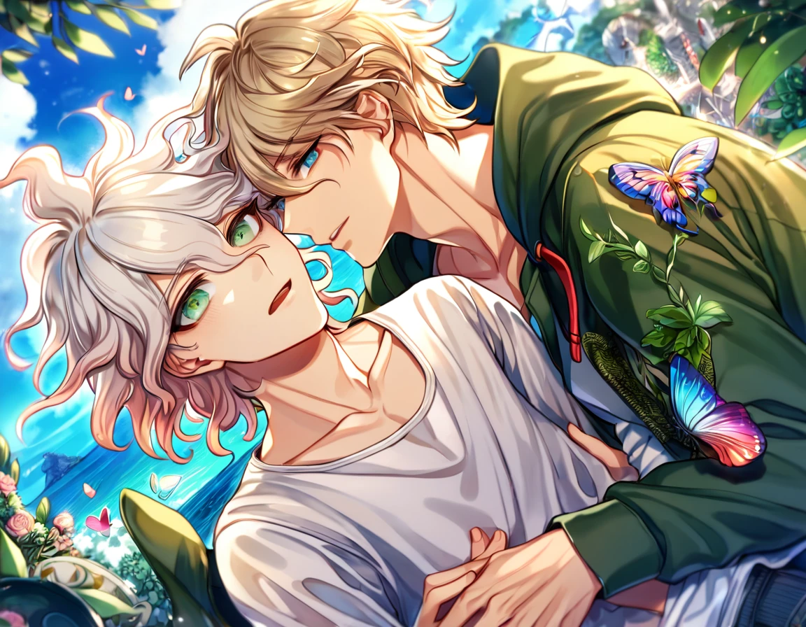 Ultra detailed, HDR, Highres, absurdres, master piece, Aiden, ash blonde hair, expressive green eyes, Komaeda Nagito, white hair, expressive green-gray eyes, green coat with hoodie, white shirt, Danganronpa 2, flowers, butterflies, fantasy, magical, green leaves, summer, handsome, two sexy man together, gay couple, yaoi, love, sensual, island