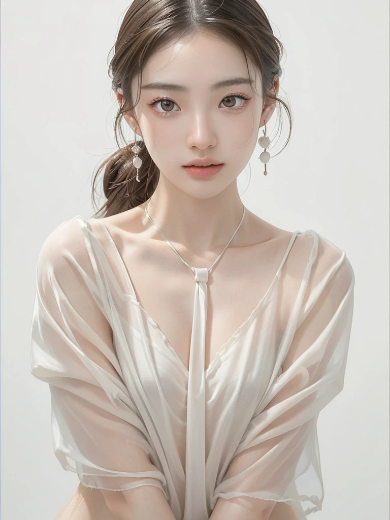 White Background、High key portrait 1.4、Professional Lighting、(((Professional Lighting 1.5)))、Translucent skin texture、Beautiful Skin、Beautiful Skin、、(((Whitening 1.5)))、、、音符のEcstasy、((Nude 1.5))、、Mid-shot photo、Simple Earrings、((tea hair))、Tie your hair up、sex appeal、Sex Appeal、Ecstasy、(((Mid-shot photo1.5))、(((Be sure to watch the viewers 1.85)))、Vibrant pose、