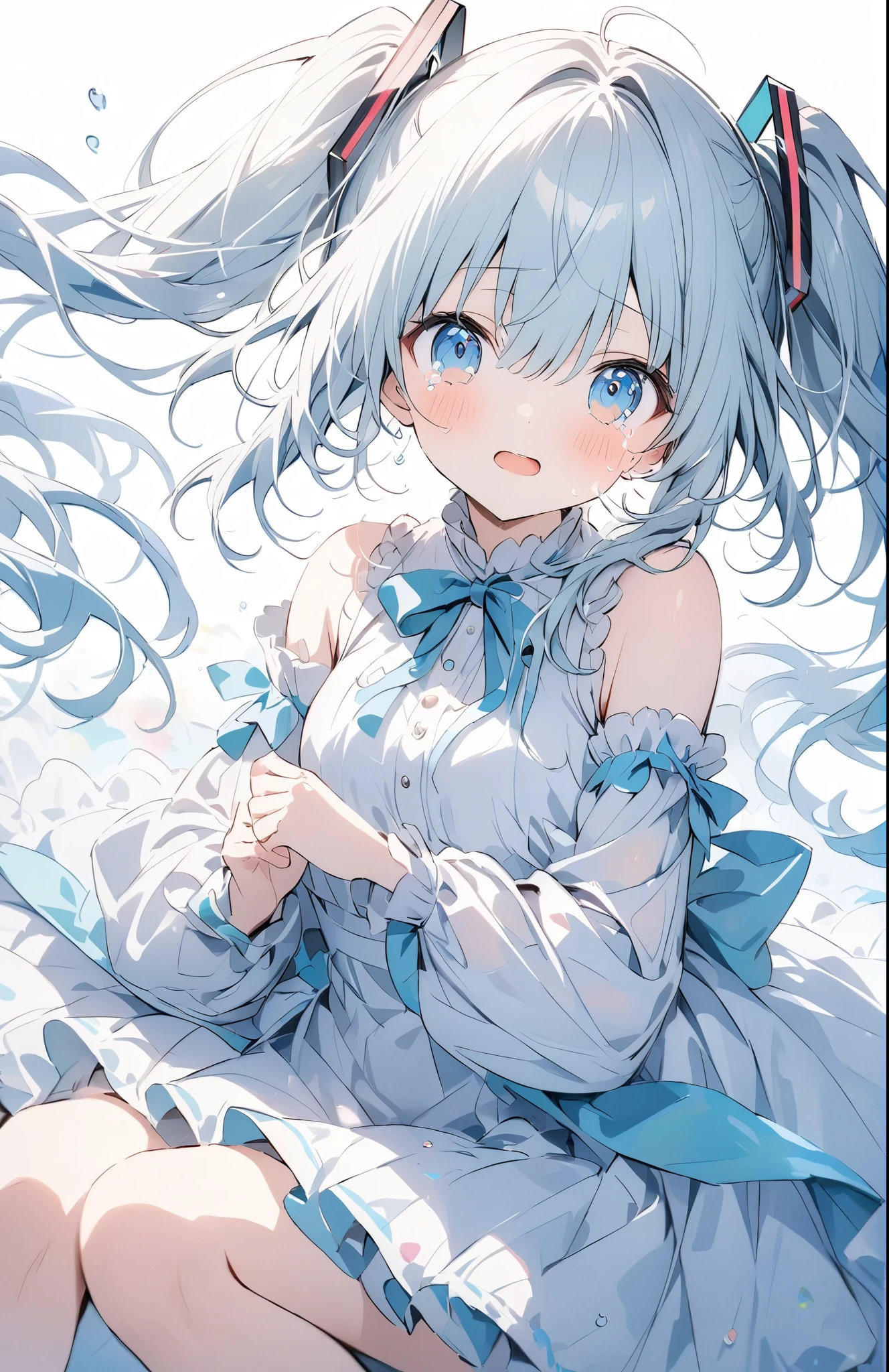 (masterpiece:1.2),(anime),、girl、cute，sweets dream, A colorful world, cute, like, Highest quality, masterpiece，【Highest quality, Tabletop】 (Gray white background:1.7)，Hatsune Miku，cry，目からtears，tears，hatsune miku