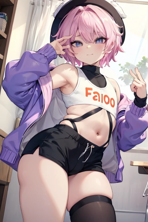 Um Child boy femboy, 独奏, wearing a bulky sweater with long sleeves, with tight, short shorts highlighting his member, with a very sexy pose,  boy, male slim body