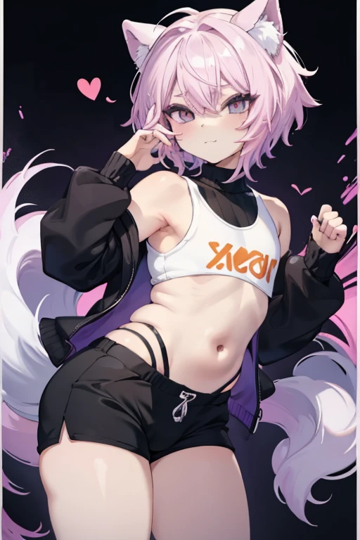 Um  boy femboy, 独奏, wearing a bulky sweater with long sleeves, with tight, short shorts highlighting his member, with a very sexy pose,  boy, male slim body