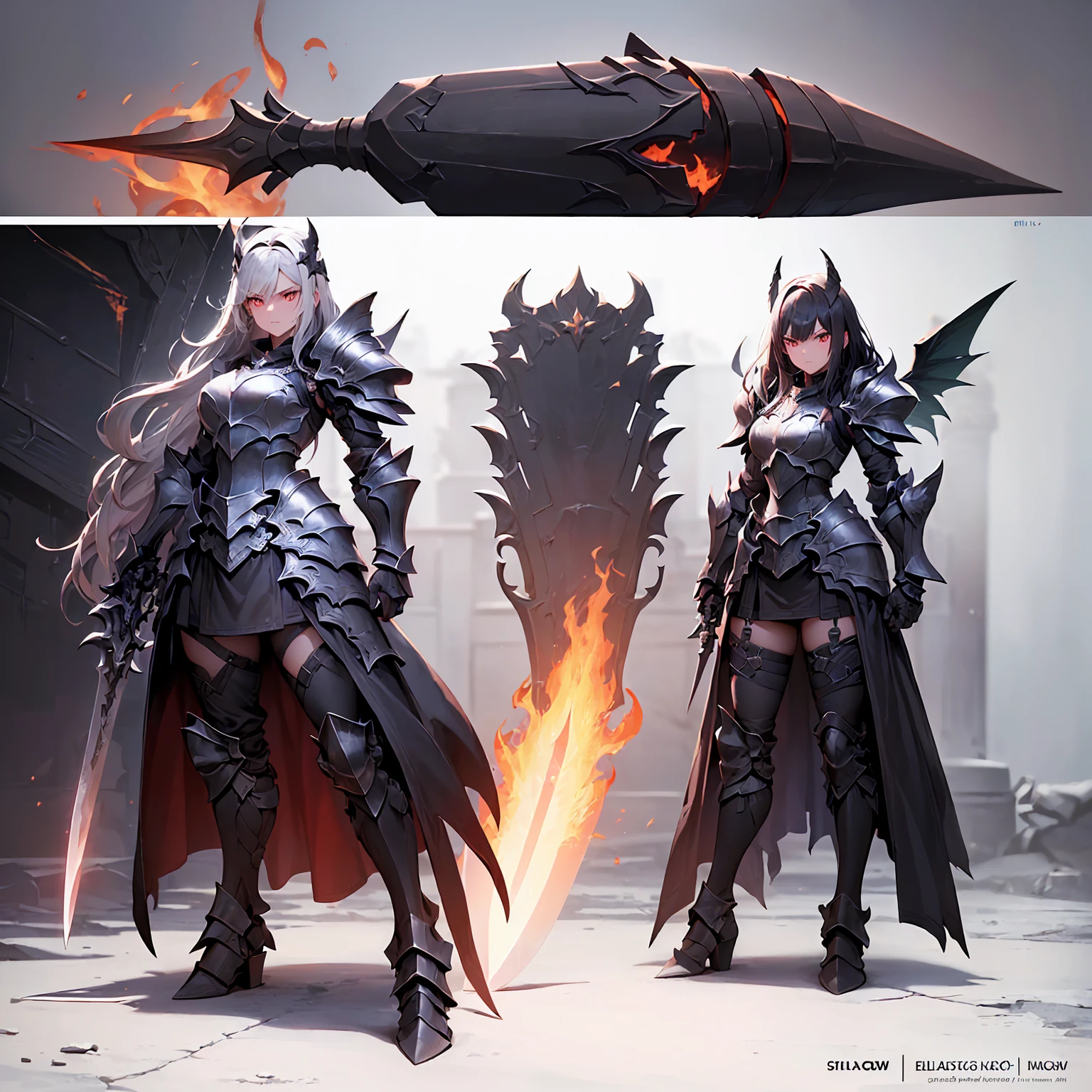 (((masterpiece, best quality, high detailed, 8k))) Design a layout showcase Gaming character, (1girl). Black+Crimson dark armor, stylish and unique. ((weapon:1.4)), cursed sword. (masterpiece:1.2), (best quality), 4k, ultra-detailed. (luminous lighting, atmospheric lighting). dark warrior, ((six wings of shadow and fire)), ((glove full hands)), (((revealing armor:1.3))), vambraces, armored legwear, (((full_body_shot:1.4))). {In an infernal realm}. (((extremely imposing presence, black flames, super strong, incredibly beautiful with dark armor))).