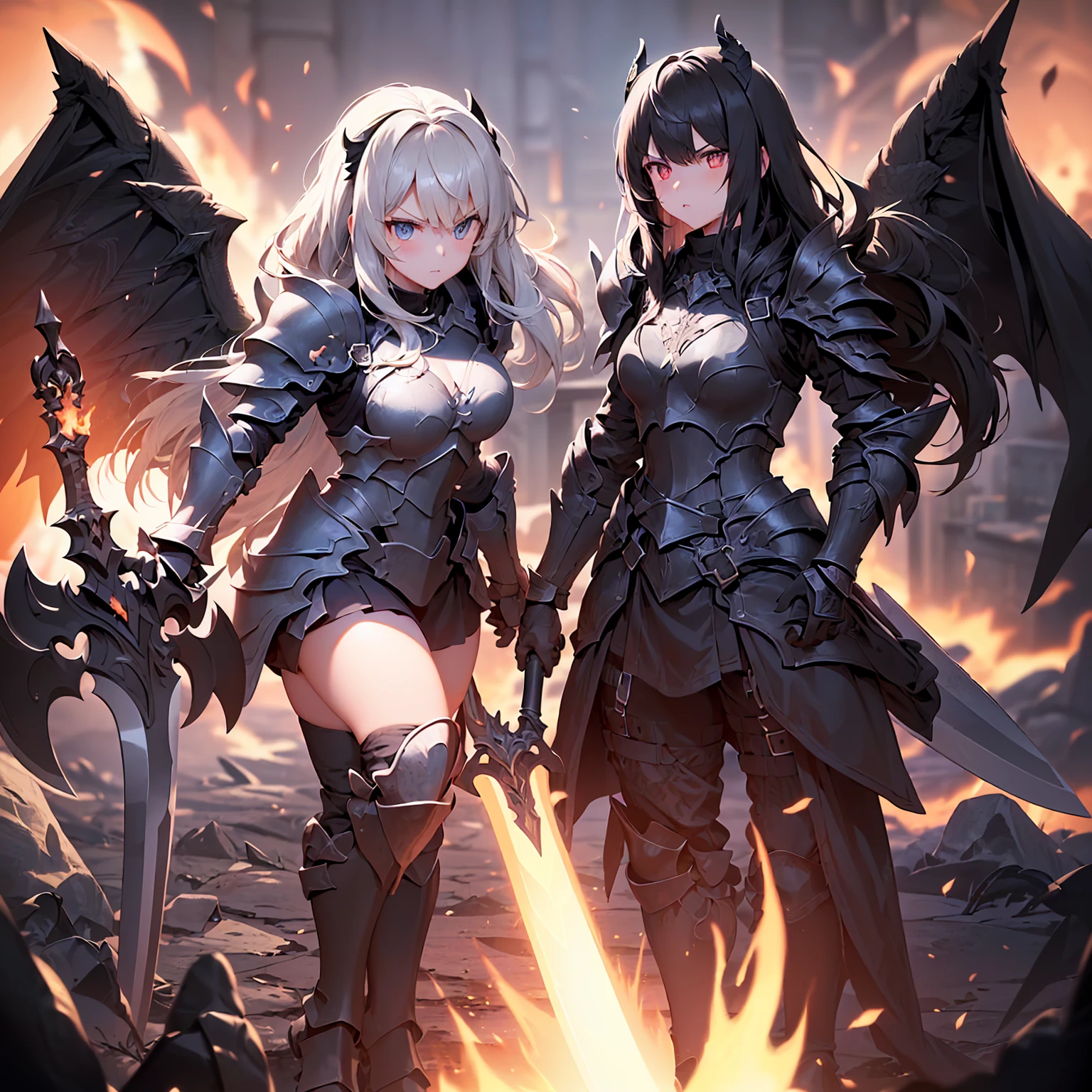 (((masterpiece, best quality, high detailed, 8k))) Design a layout showcase Gaming character, (1girl). Black+Crimson dark armor, stylish and unique. ((weapon:1.4)), cursed sword. (masterpiece:1.2), (best quality), 4k, ultra-detailed. (luminous lighting, atmospheric lighting). dark warrior, ((six wings of shadow and fire)), ((glove full hands)), (((revealing armor:1.3))), vambraces, armored legwear, (((full_body_shot:1.4))). {In an infernal realm}. (((extremely imposing presence, black flames, super strong, incredibly beautiful with dark armor))).