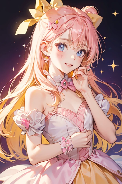A pale yellow jelly bean with basic face and a side smile. She wears a hot pink bow and is adorned with small pieces of orange, pink, and pale blue cake bits. SPARKLE; GLITTER
