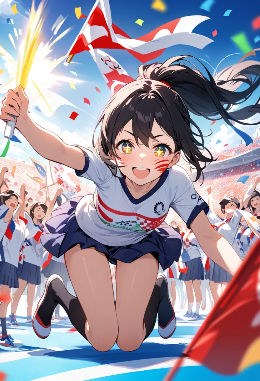 A vibrant stadium scene is filled with cheering fans and waving flags. In the foreground, a young girl passionately supports Japan at the Olympics. She has sparkling eyes full of excitement and determination. Her black hair, tied in a high ponytail, sways as she jumps and waves a large Japanese flag energetically.
The girl wears a white T-shirt with a red rising sun emblem, symbolizing her national pride. Her face is painted with small red and white Japanese flags on her cheeks, and she holds a noisemaker in her hand, amplifying her cheers. The background is a blur of vibrant colors, filled with other enthusiastic supporters, banners, and confetti raining down.
Her posture and facial expression radiate enthusiasm and unwavering support. She stands on tiptoe, leaning forward as if her energy alone can propel the athletes to victory. Her wide smile and bright eyes convey pure joy and hope, making the viewer feel the intensity of her passion and dedication.
The composition captures the essence of the Olympic spirit, with the girl's fervor and patriotism at the forefront, drawing the viewer into the exhilarating atmosphere of the games.