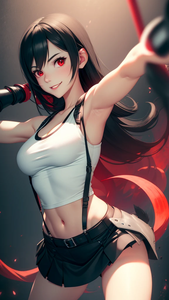 TifaOG, white tank top, black miniskirt, 1girl, solo, light smile, red eyes, showing armpits and pussy half naked.(((Half naked)))