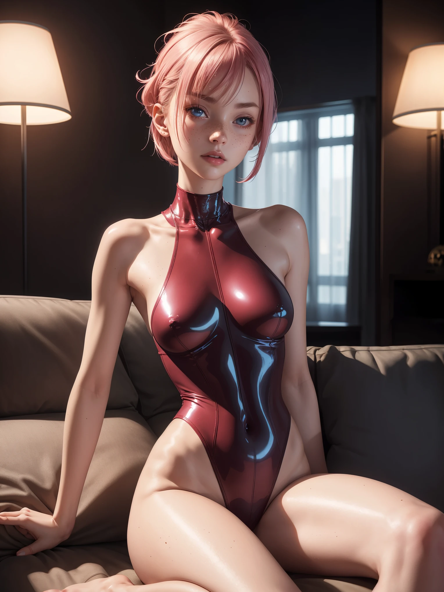 (whole body:1.5),octane rendering, 8K, best quality, masterpiece, backlit scene, time of day is midnight, illustration, extremely delicate and beautiful, detailed,extremely detailed,CG,Unite,wallpaper,Astonishing, fine details, realistic art: 1.2 ,masterpiece, best quality, official art, extremely detailed CG Unite 8K wallpaper,1 girl, , sitting on couch, in a luxury hotel room in the dark,wearing exotic pink latex catsuit, at night, skinny body, surprised facial expression,, wide open eyes, pale blue eyes, red hair, short bob hairstyle, pretty symetrical face, shiny wet skin, oiled skin, white skin, lots of freckles, pale complexion, thin waist, narrow hips, long legs, skinny body, small breasts, , Realistic photos, (hiqcgbody) ,perfect female figure,