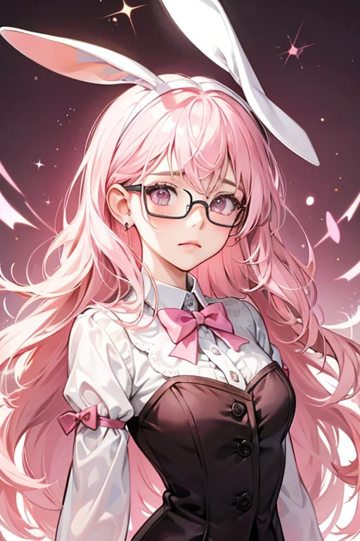 a boy with bunny ears, long pink hair and purple eyes wearing glasses and cute dress clothing, inside a cottage, fantasy, anime style, perfect lips, symmetrical face, pale skin