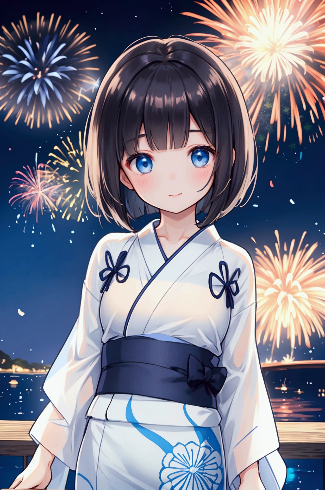 Photorealistic、Highest quality、Highest Resolution、Highest quality、8K、One beautiful woman、Cute face、Bob cut hair、Dark Hair Color、Pale blue eyes、Beautiful breasts、firework、yukata、