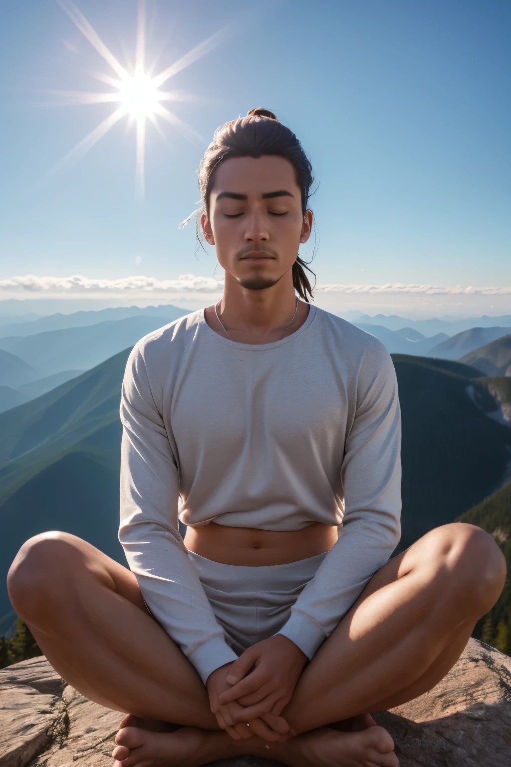 Highly detailed image of a person meditating on top of a mountain, on a clear day. Loose Clothes. cinematic lighting.
