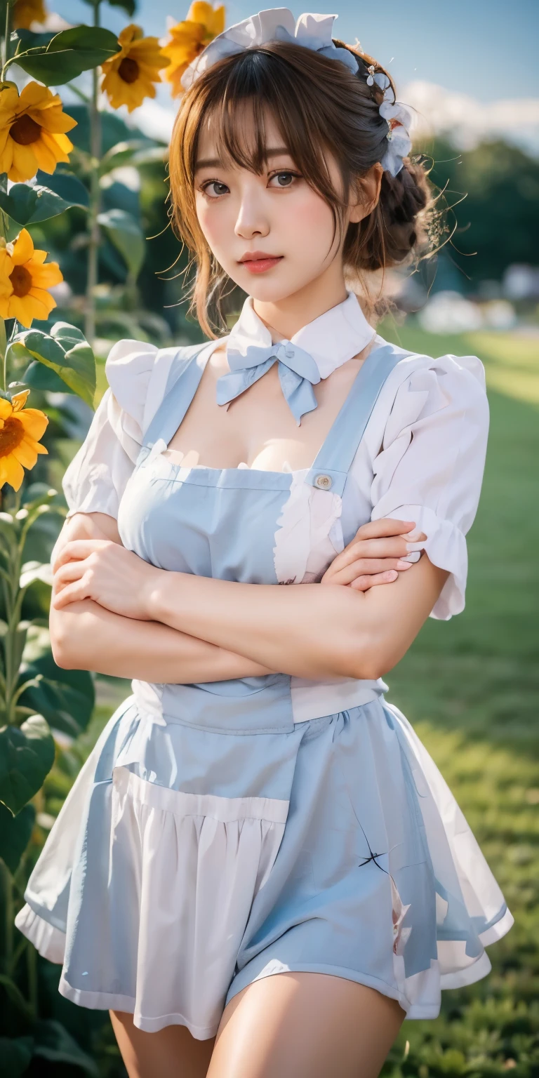 1 girl, apron, Blonde Hair, bow, Chest抱持, Chest, brooch, Cross your arms, skirt, dusk, enmaided, night, frown, ginkgo leaf, slope, slope background, Long hair, Long sleeve, Looking at the audience, maid, maid apron, maid headskirt, medium Chest, 橙色background, 橙色Sky, 橙色theme, Ribbon, solitary, sunflower, Sunset, V-shaped eyebrows, white apron, background, Sky, theme