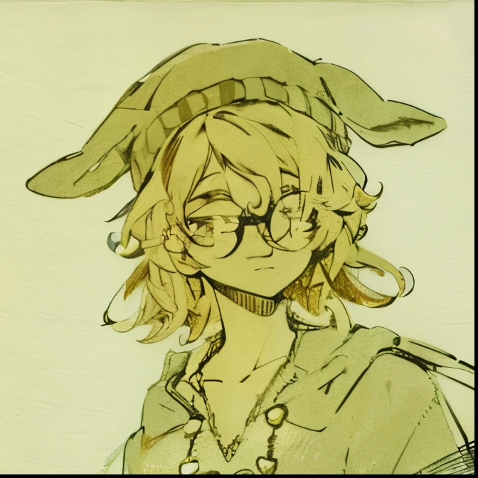 Short dark brown curly hair, round black glasses and knitted hat with small goat horns