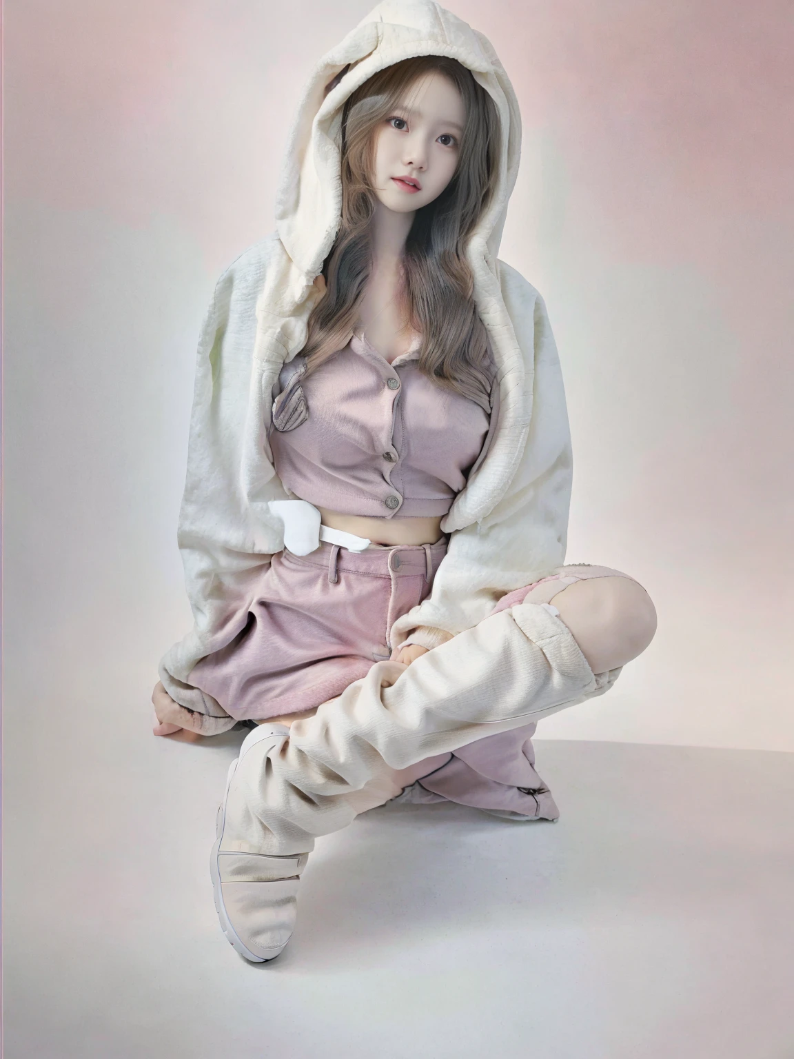 bunbun, no skirt, naked body, jacket, midriff, hood, rabbit ears, leg warmers, best quality, masterpiece, illustration, realistic, photo-realistic, amazing, finely detail, incredibly absurdres, huge filesize, ultra-detailed, highres, extremely detailed CG unity 8k wallpaper, (nsfw), A cute Korean woman with a cute face and hairstyle is wearing a pink crop top with a fuzzy white rabbit ear hoodie. The hoodie is open, revealing the pink crop top underneath. She is also wearing leg warmers. The woman is standing in a cute room with pink and blue tones. The room is decorated with many cute decorations, (full body shot), (sexy sitting pose), (bottom-up perspective)