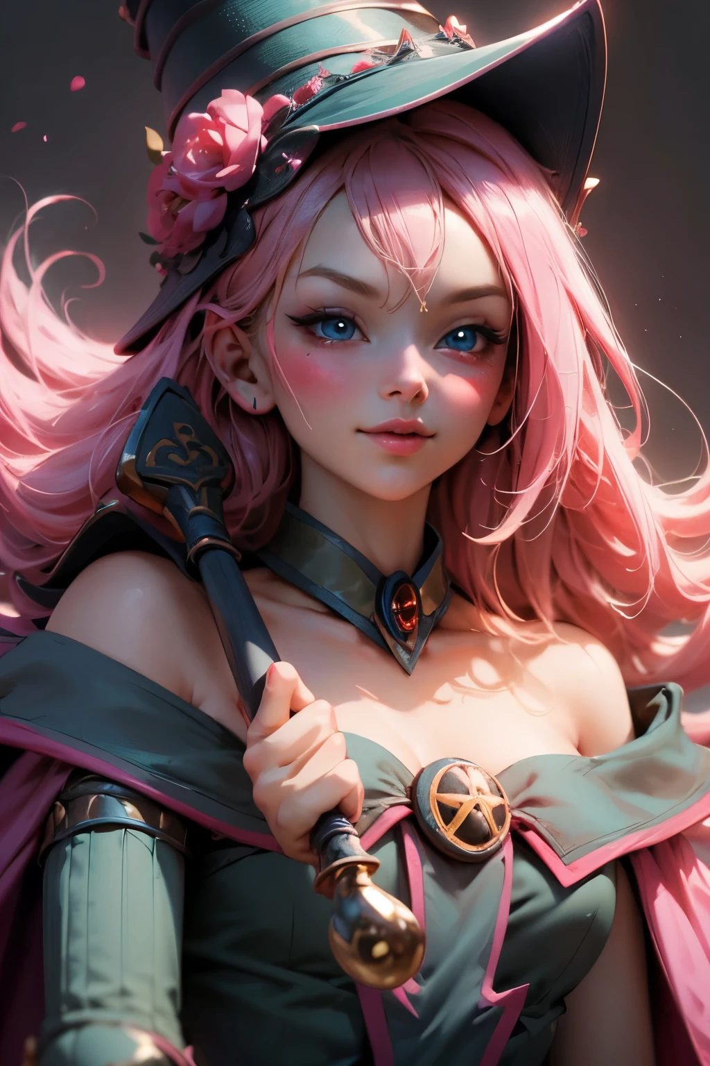 Beautiful face of dark wizard gils., blue eyes. pink lips. long blonde hair. exposed shoulders, angelic smile, beautiful well detailed face of the dark wizards gils. blowing a kiss. and winking. She is flirtatious with the viewer..